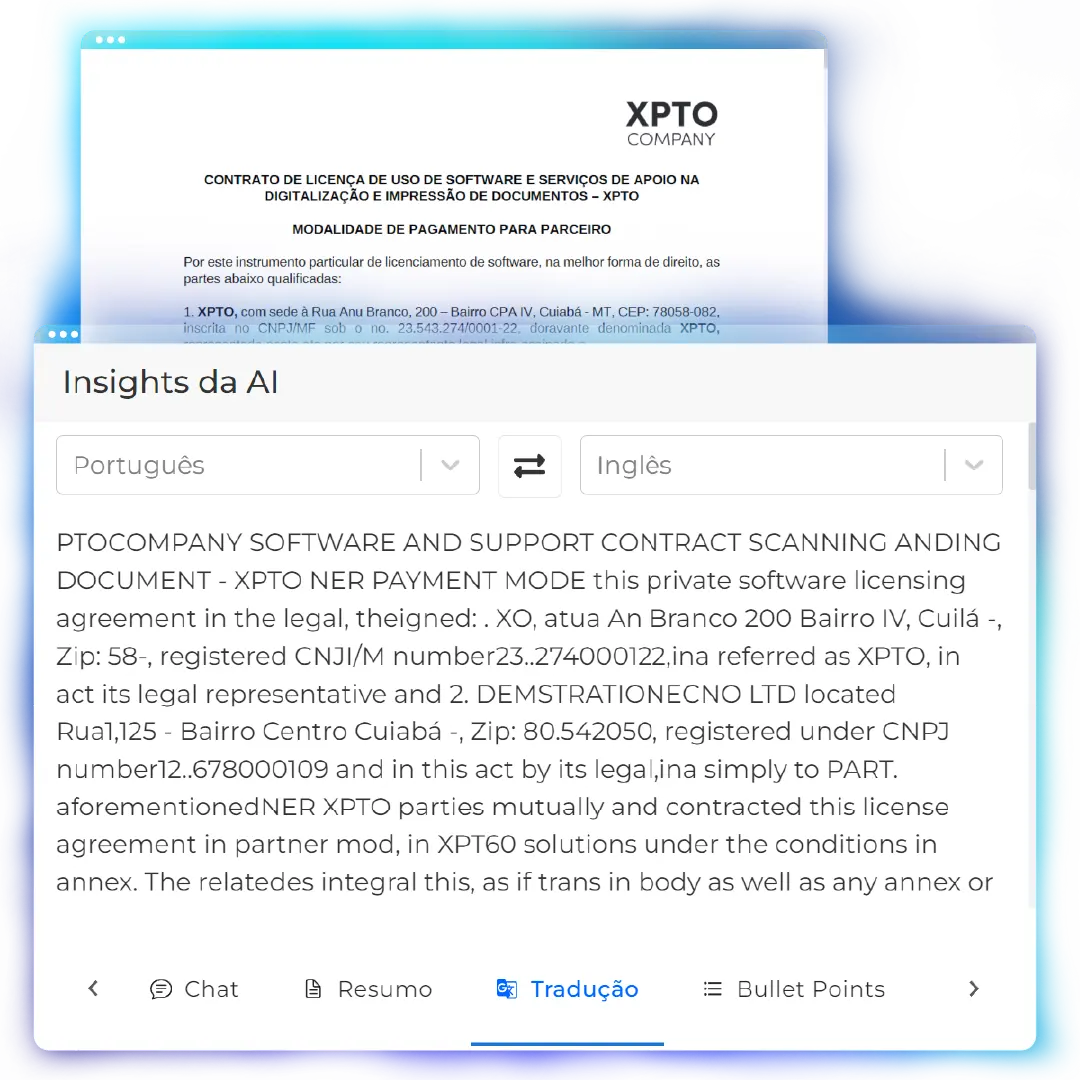 Inteligência Artificial do Cailun traduzindo um contrato